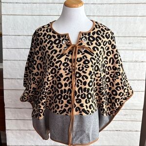 THML Leopard-Print with Gray Colorblock and Tan Trim sweater poncho